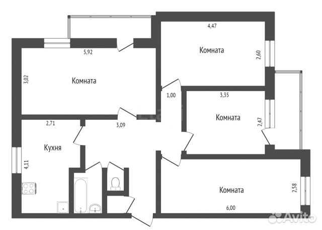 4-к квартира, 87 м², 1/3 эт.