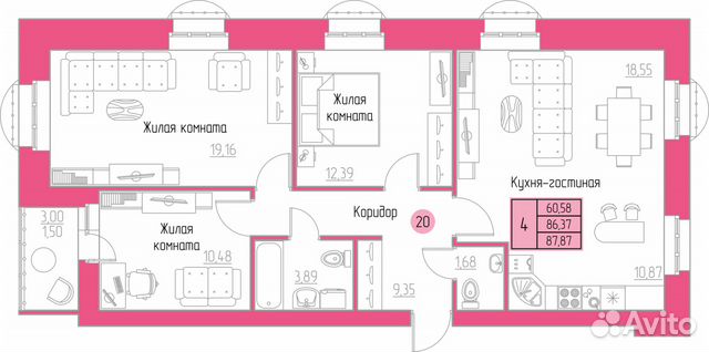 4-к квартира, 87.9 м², 4/9 эт.