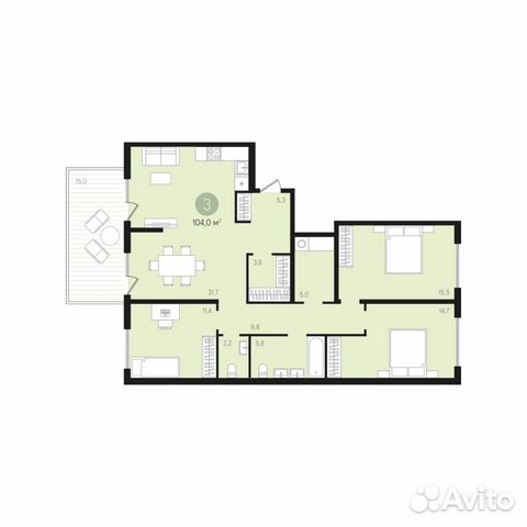 3-к квартира, 104 м², 1/8 эт.