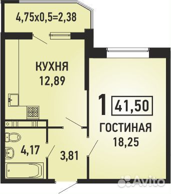 1-к квартира, 41.7 м², 2/19 эт. 1-к квартира, 41.7 м², 2/19 эт.