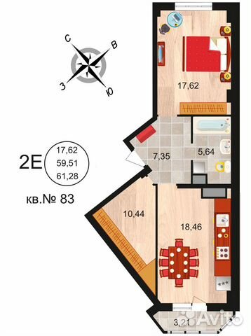 1-к квартира, 61.3 м², 10/20 эт. 1-к квартира, 61.3 м², 10/20 эт.