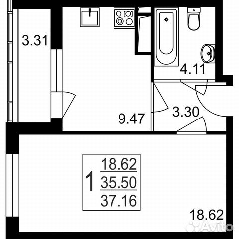1-к квартира, 37.2 м², 2/8 эт.