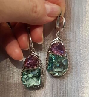 Серьги с аквамарином и александритом (серебро)