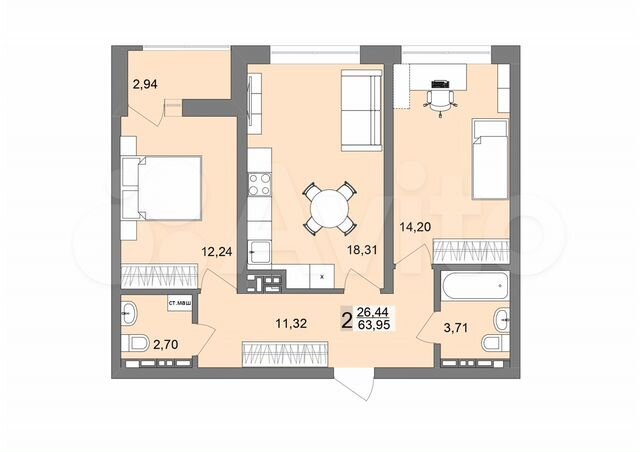 2-к. квартира, 63,6 м², 20/26 эт.