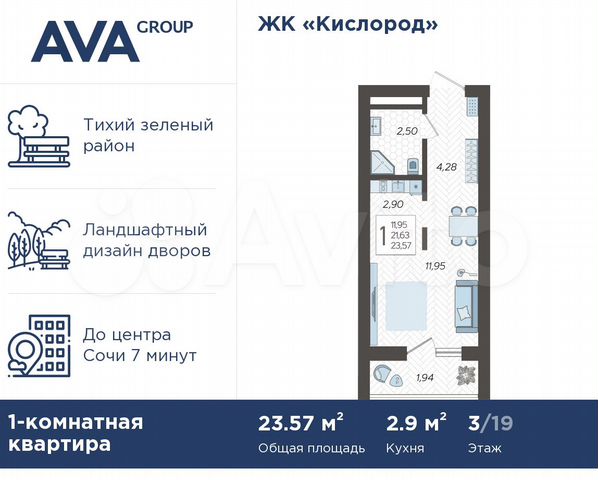 Квартира-студия, 23,6 м², 3/19 эт.