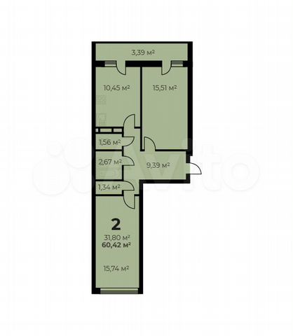 2-к. квартира, 60,4 м², 6/16 эт.