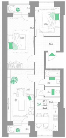 3-к. квартира, 80,5 м², 1/5 эт.