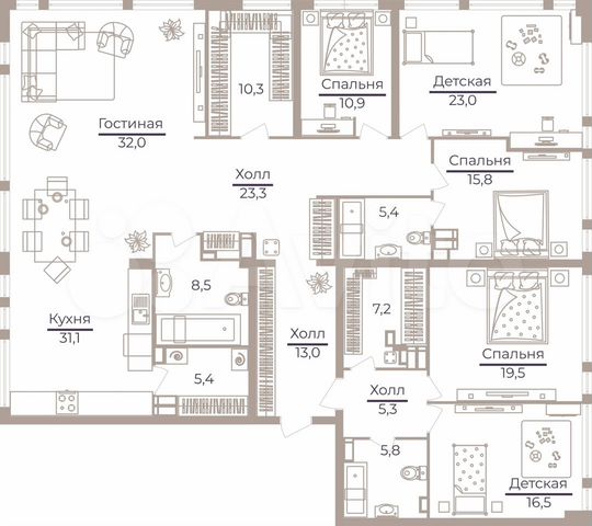 6-к. квартира, 231,3 м², 25/32 эт.
