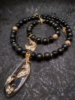 Колье и браслет из черного агата