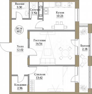 2-к квартира, 62.3 м², 16/19 эт.