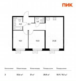 2-к квартира, 55.6 м², 16/25 эт.
