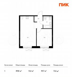 1-к квартира, 39.8 м², 2/14 эт.