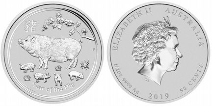 Монета Австралия 50 центов 2019 Год свиньи Серебро