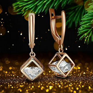 Золотые серьги кубики с подвижным камнем Swarovski