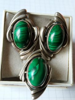 Серьги кольцо малахит серебро СССР винтаж комплект