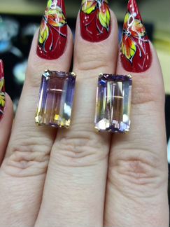 Серьги с трёхцветным аметрином. Золото 585