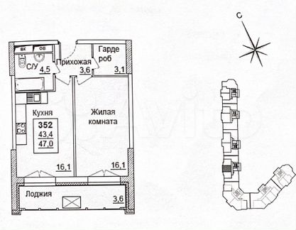 1-к квартира, 43.4 м², 19/24 эт.